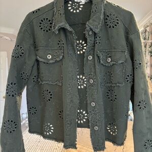 Charlies Olive Green Eyelet Cutout Denim Jacket